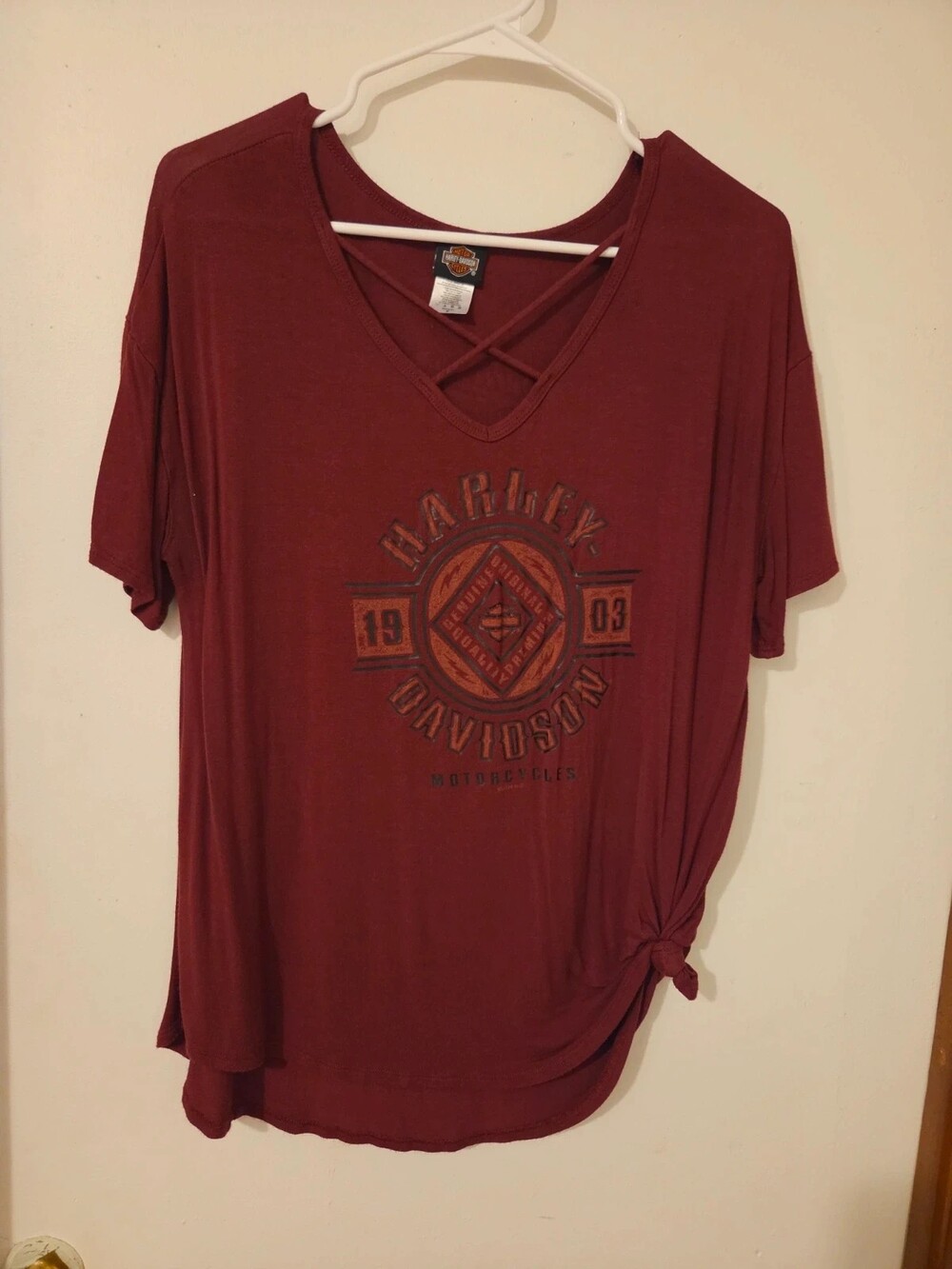 Maroon Harley-Davidson Graphic Top | Criss-Cross Front + Side Knot